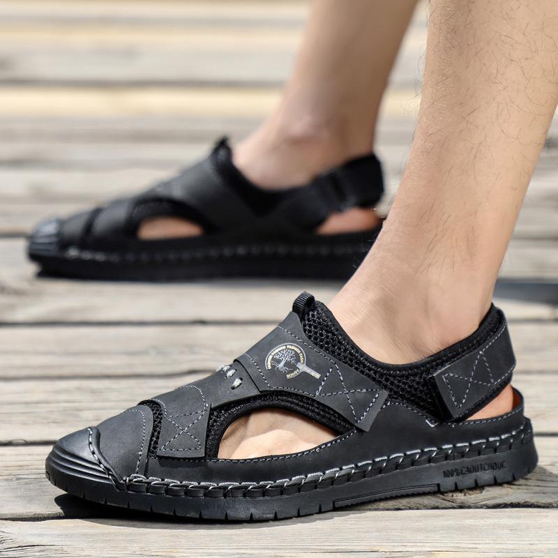 Men Closed Rubber Toe Hand Stitching Soft Back Hook Loop Leather Sandals