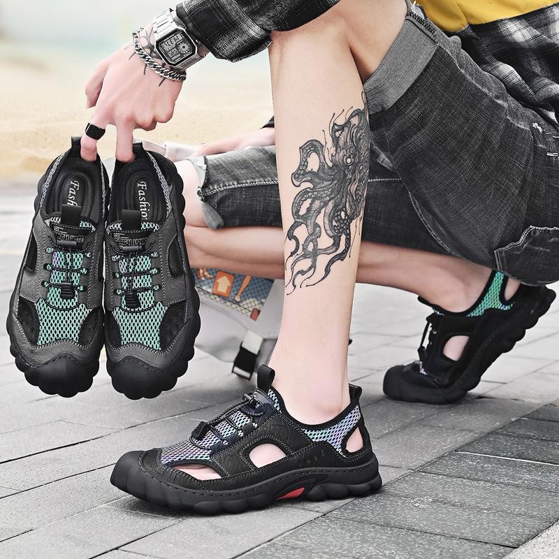 Men Anti Collision Rubbe Toe Lace Outdoor Leather Sandals