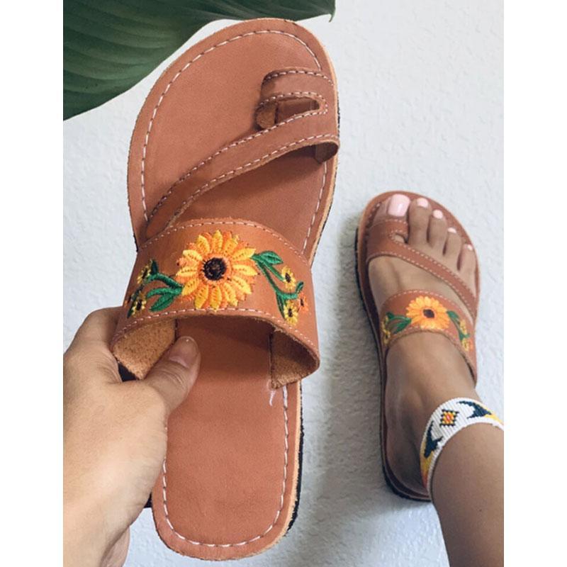 Women Comfy Flower Embroidered Clip Toe Slip Wedges Slippers