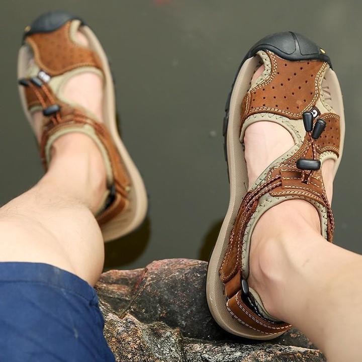 Men Comfy Daily Cowhide Leather Sandals Elastic Band Water Shoes