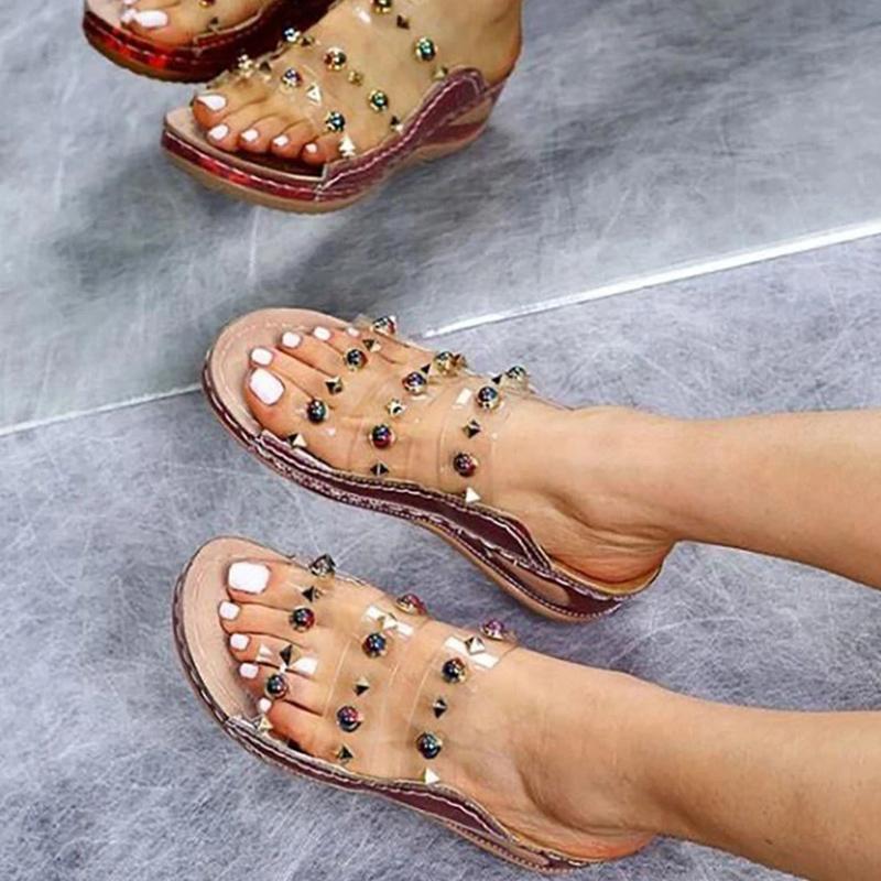 Women Casual Large Size Rivet Transparent Wedge Slippers