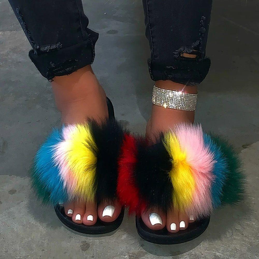 Women Feather Flip Flop Flat Slip Color Block PVC Slippers