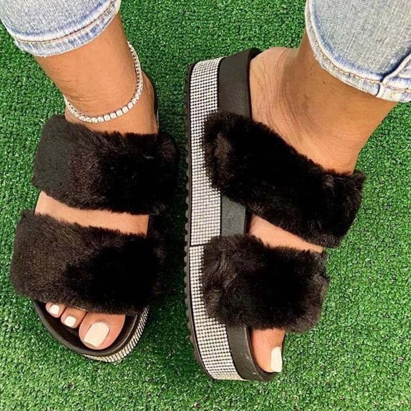 Women Faux Fur Rhinestone Slip Slippers