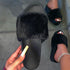 Women Fashion Faux Fluffy Fur Hit Color Open Toe Slip Platform Slippers