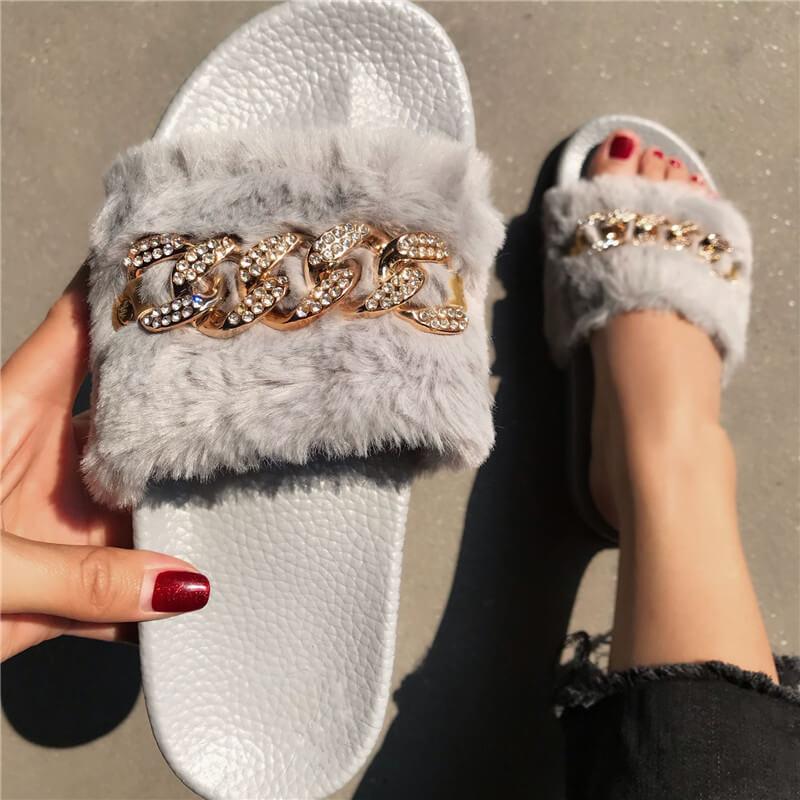 Women Fashion Rhinestone Fur Open Toe Slip Slippers