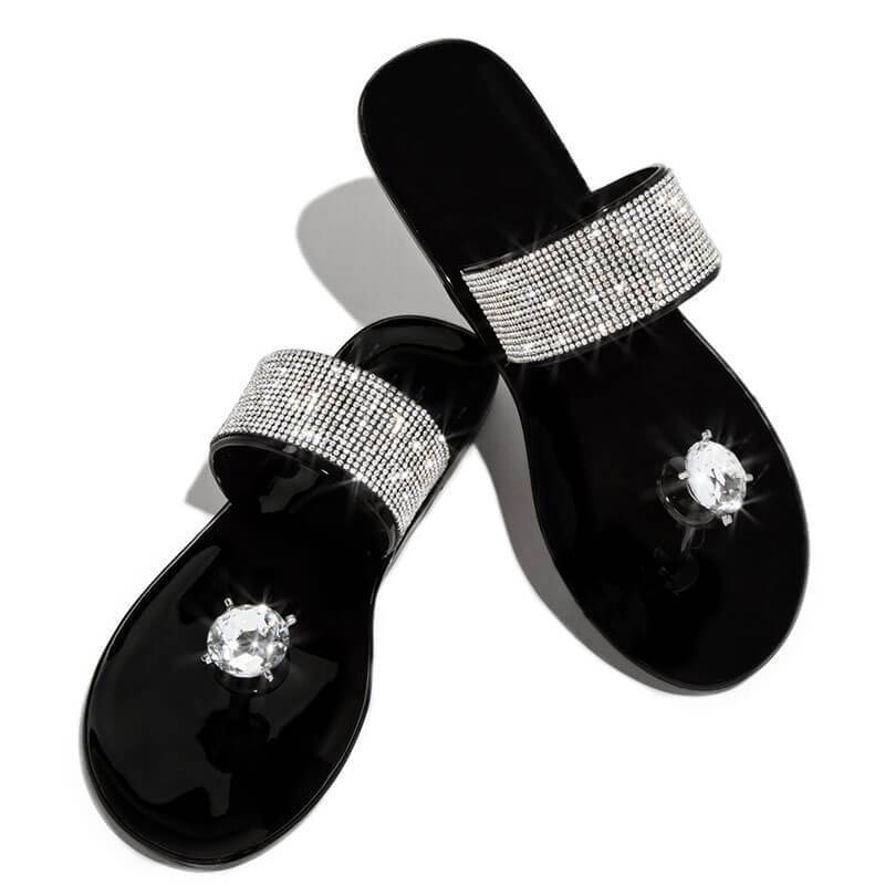 Women Trendy Large Crystal Rhinestones Open Toe Slip Flat Heel Thongs Slide Slippers