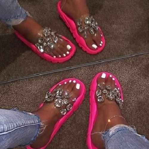 Women Fashion Leisure Transparent Rhinestone Sandals Slippers