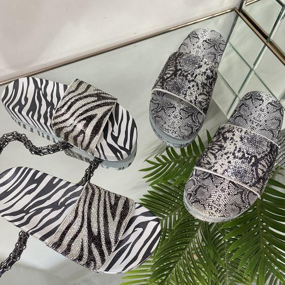 Women Zebra Pattern Black White Fashion Rhinestone Flat Sandals Slippers