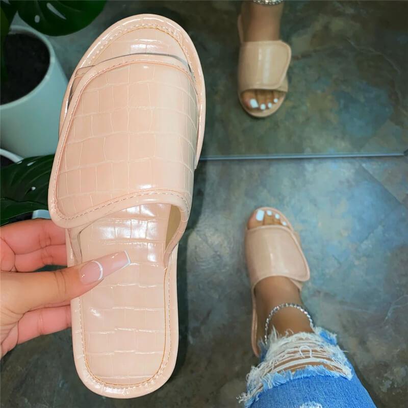 Women Comfy Velcro Crocodile Pattern Adjustable Open Toe Slip Indoor Flat Heel Slippers