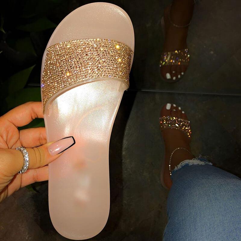 Women Trendy Shining Rhinestones Jelly Open Toe Slip Flat Heel Slippers
