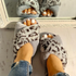 Women Soft Leopard Print Cross Design Fur Slippers