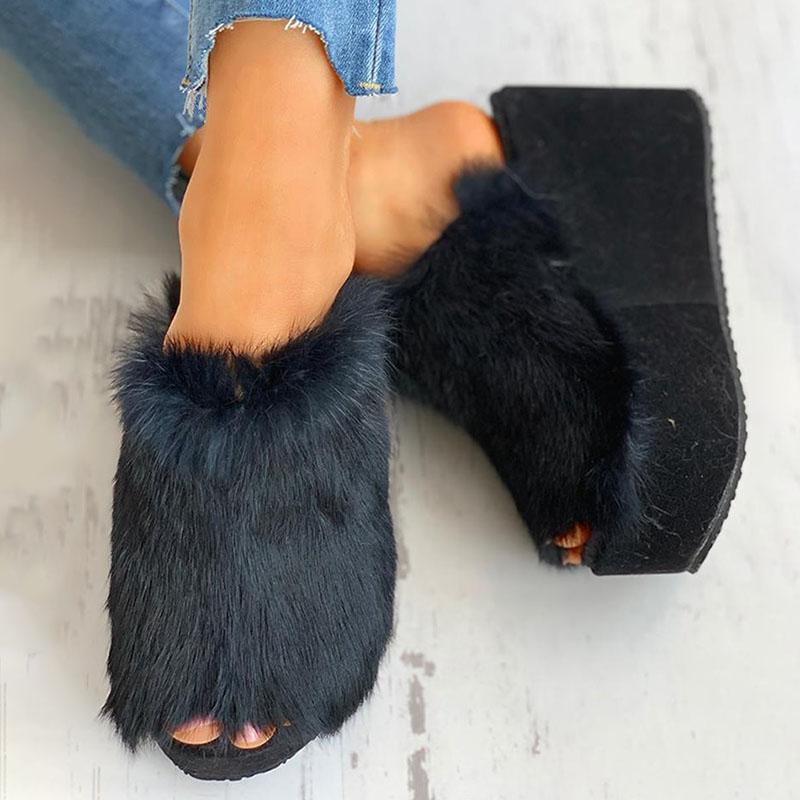 Women Peep Open Toe Faux Fur Slip Slippers