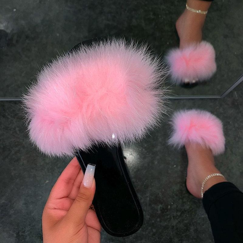 Women Chic Faux Fur Strap Slippers