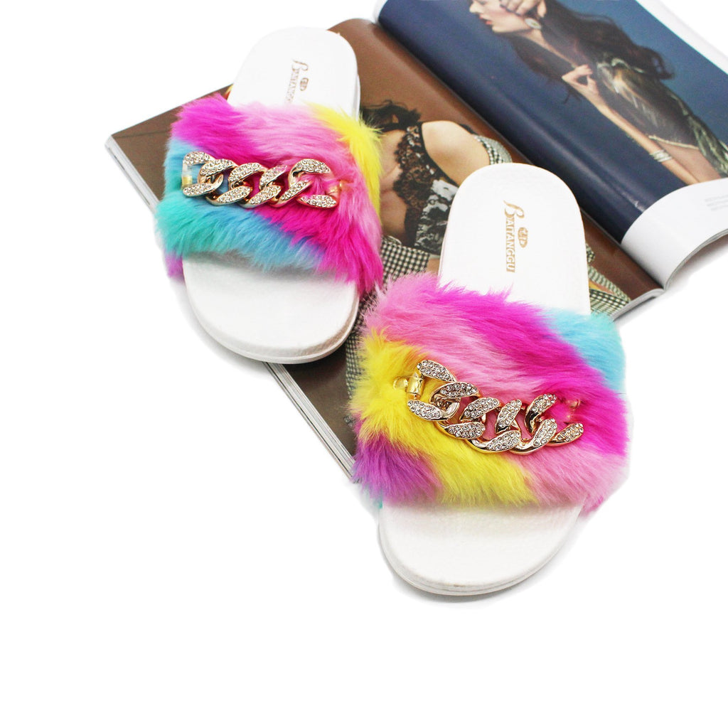Women Tie Dyed Plush Slippers Chain Rhinestone Flat Shoes