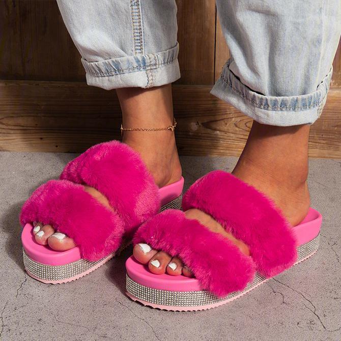 Women Chic Faux Fur Rhinestone Casual Slip Slippers