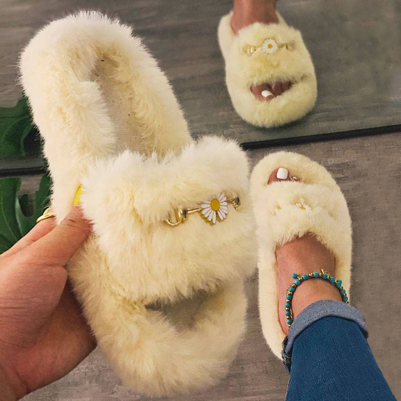 Women Casual Fluffy Faux Fur Daisy Open Toe Slip Platform Slippers