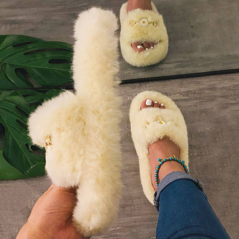 Women Casual Fluffy Faux Fur Daisy Open Toe Slip Platform Slippers
