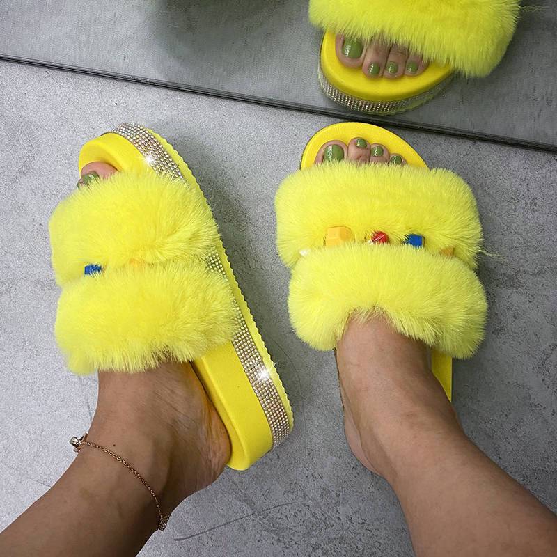 Women Trendy Fluffy Fur Colorful Rhinestones Open Toe Slip Platform Slippers