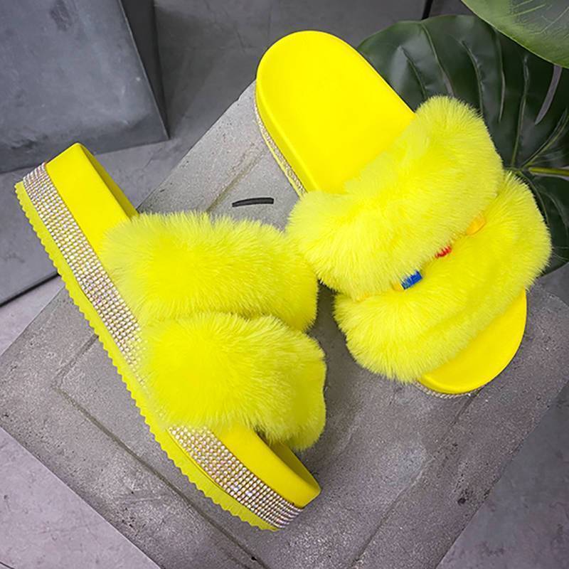 Women Trendy Fluffy Fur Colorful Rhinestones Open Toe Slip Platform Slippers
