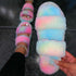 Women Trendy Fluffy Fur Colorful Open Toe Slip Platform Slippers