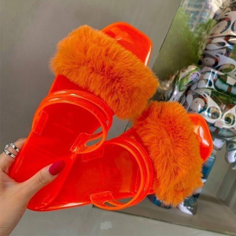 Women Large Size Crystal Jelly Sandals Faux Fur Slippers