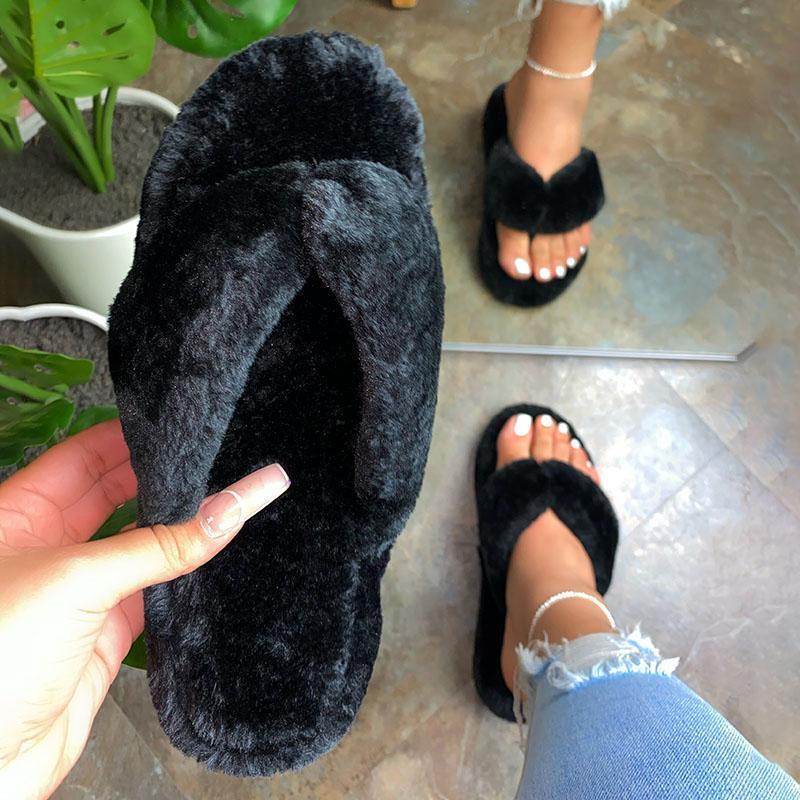 Women Trendy Fluffy Fur Slip Platform Slippers Flip Flops