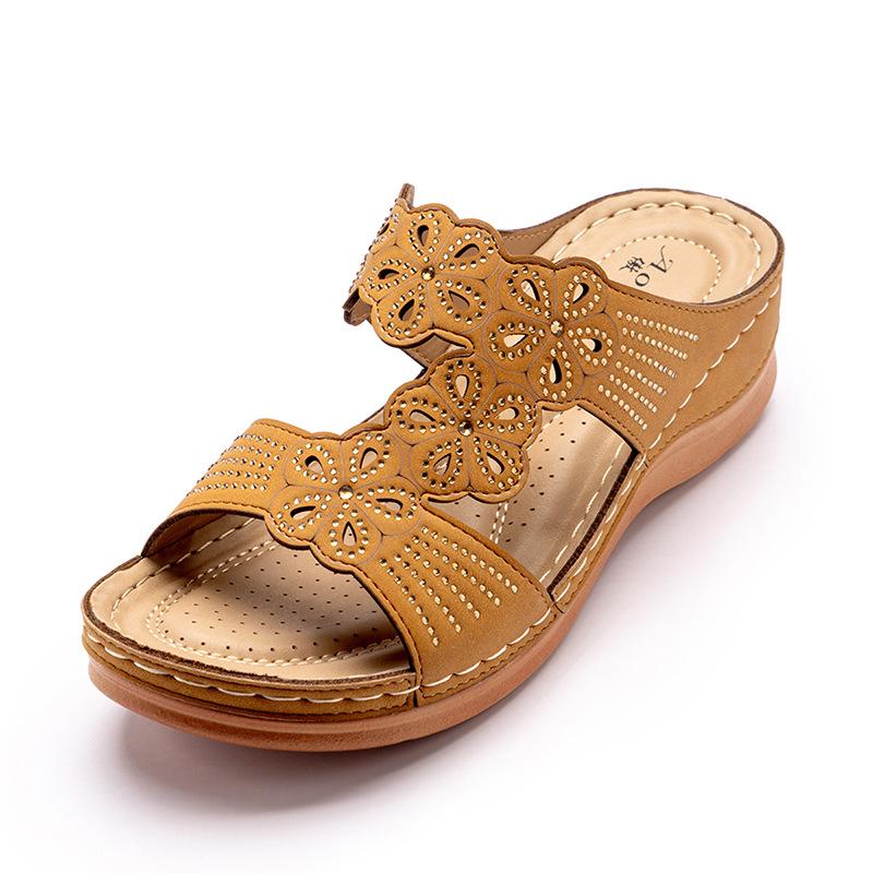 Women Rhinestone Carved Hollow Slippers Comfy Slip Casual Wedges Sandals