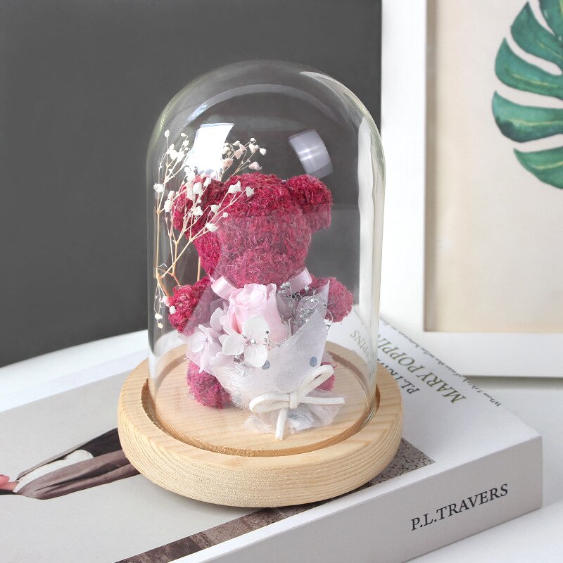 Everlasting Flower Glass Cover Bear Gift Box Decoration Real Flower Finished Rose Dried Flower Preserved Flower Creative Gift