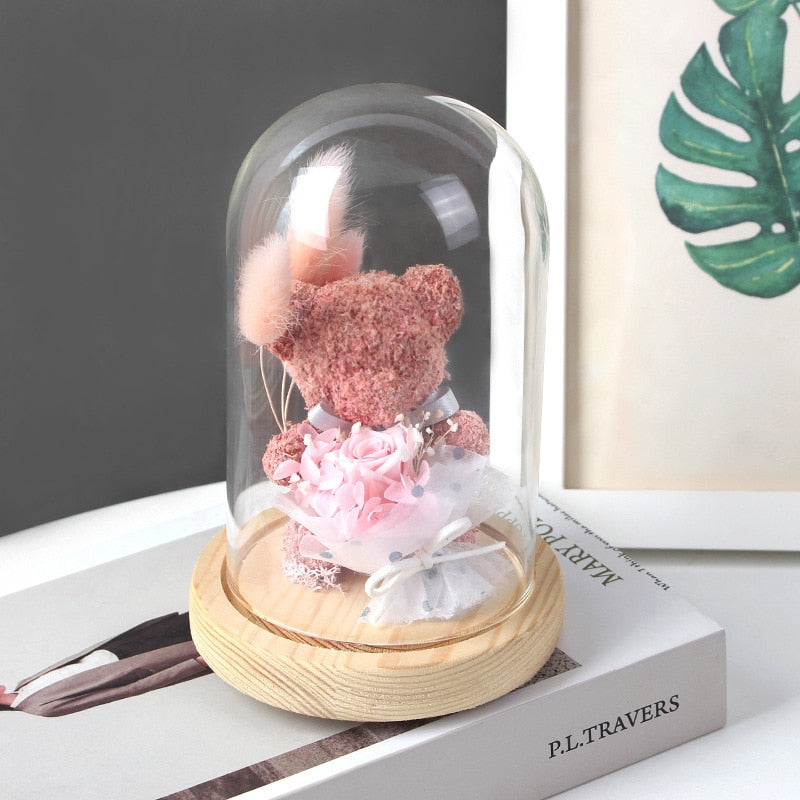 Everlasting Flower Glass Cover Bear Gift Box Decoration Real Flower Finished Rose Dried Flower Preserved Flower Creative Gift