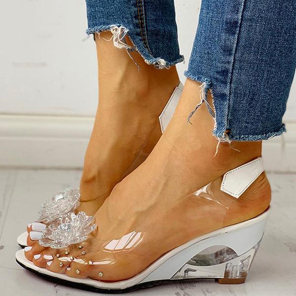 Studded Flower Design Transparent Wedge Sandals