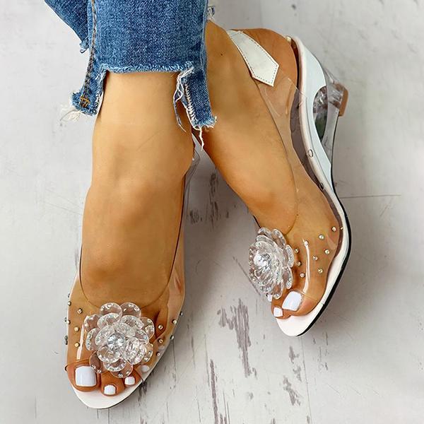 Studded Flower Design Transparent Wedge Sandals