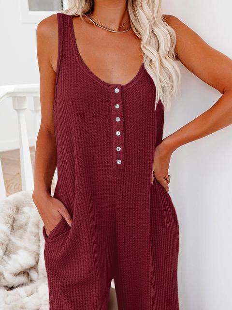 Round Neck Buttoned Loose Wide leg Jumpsuit