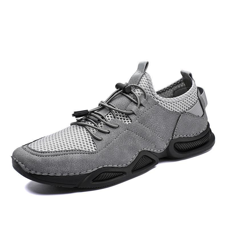Men Mesh Leather Splicing Breathable Non Slip Outdoor Sneakers