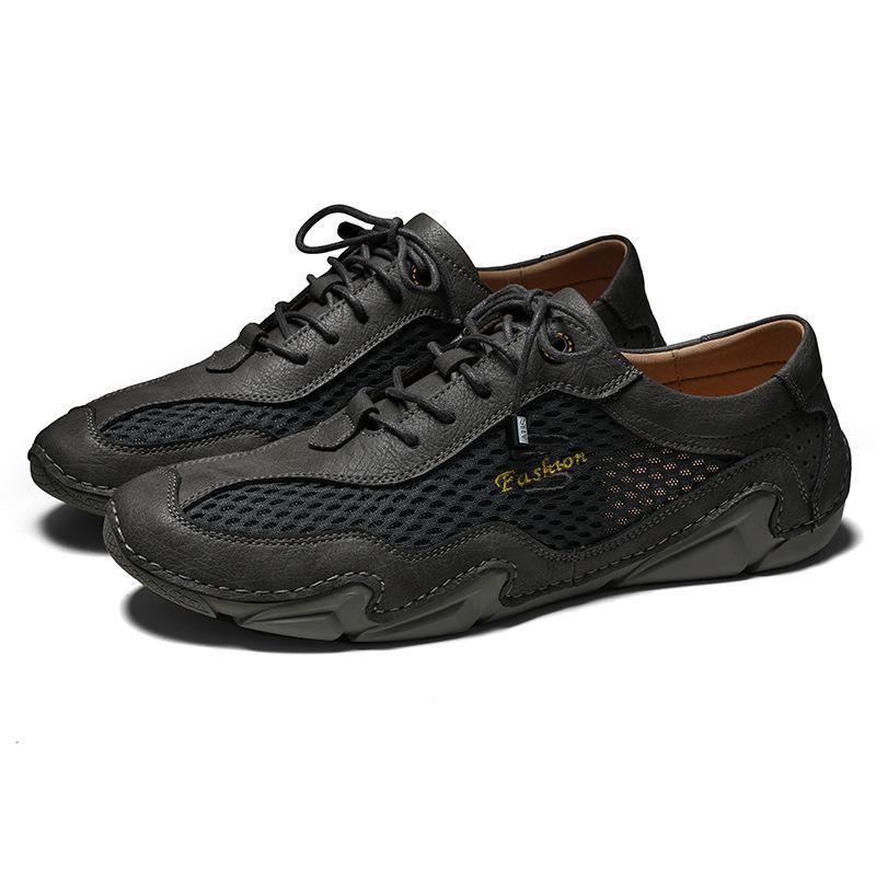 Men Breathable Leather Mesh Fabric Patchwork Lace Casual Driving Shoes