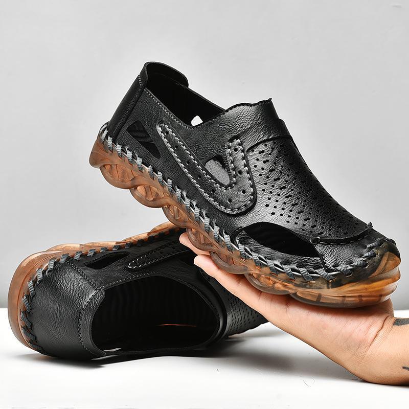 Men Anti collision Closed Toe Outdoor Hand Stitching Leather Sandals