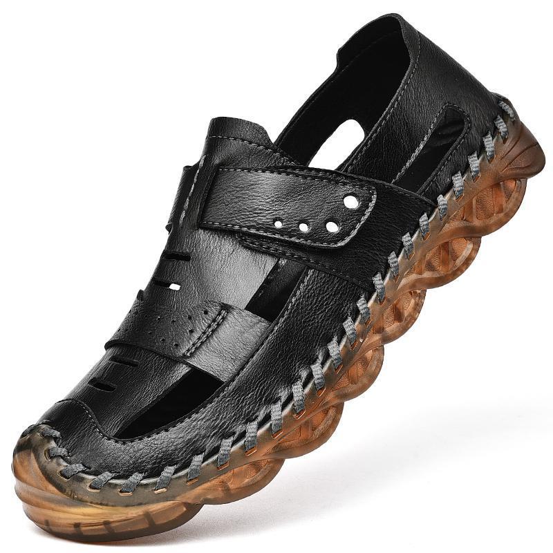 Men Hook Loop Closed Toe Hand Stitching Outdoor Leather Sandals